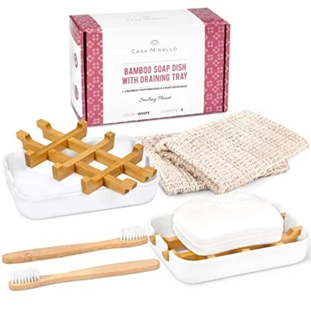 2PK Casa Mirello Bamboo Soap Dish Set White Draining Tray Toothbrushes Soap Bag